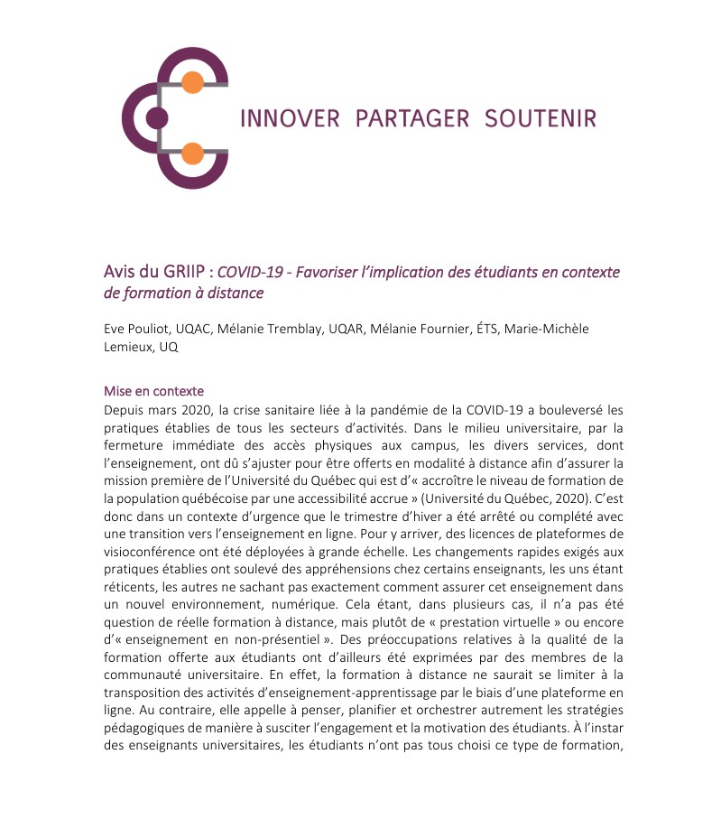 COVID-19 – Favoriser l’implication des étudiants en contexte de formation à distance