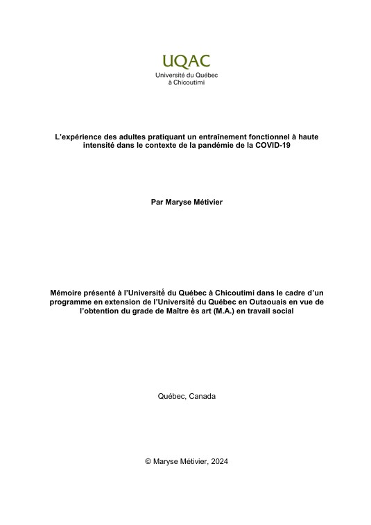 L’expérience d’adultes pratiquant un entraînement fonctionnel à haute intensité dans le contexte de la COVID-19