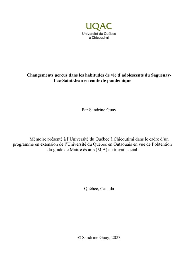 Changements perçus dans les habitudes de vie d’adolescents du Saguenay-Lac-Saint-Jean en contexte pandémique